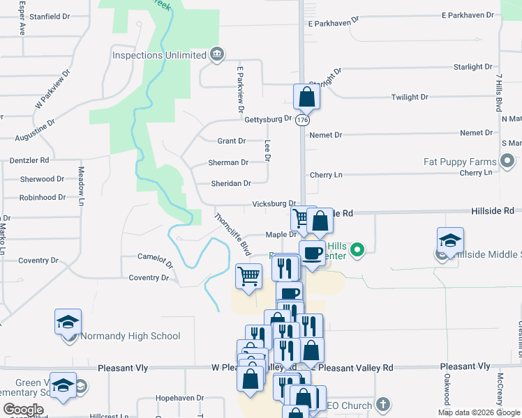 map of restaurants, bars, coffee shops, grocery stores, and more near 1181 Manassas Oval in Parma