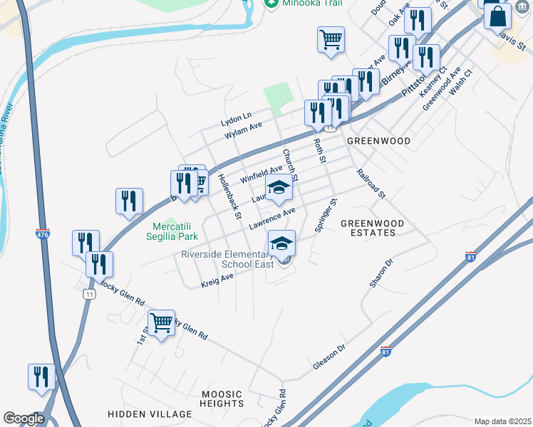map of restaurants, bars, coffee shops, grocery stores, and more near 3730 Lawrence Avenue in Moosic
