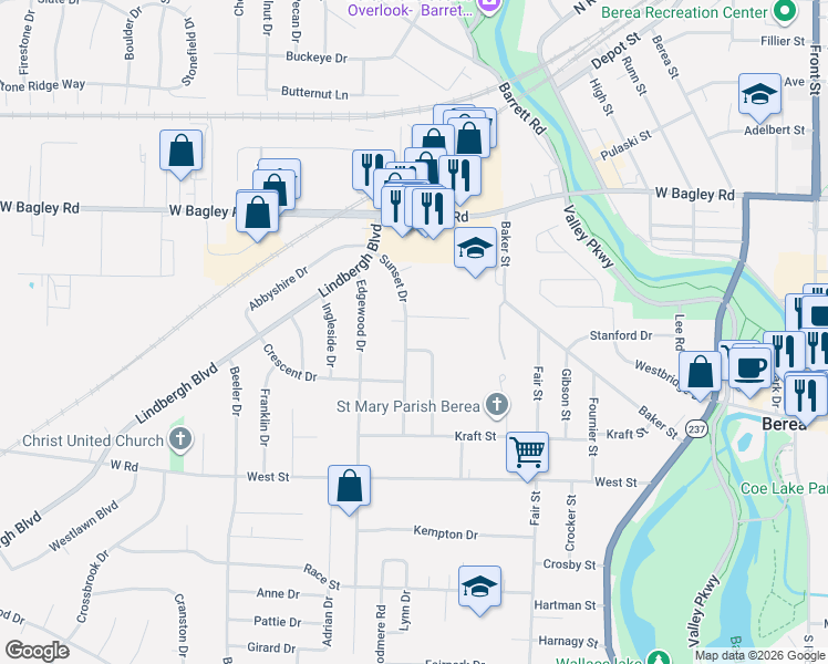 map of restaurants, bars, coffee shops, grocery stores, and more near 161 Tamarack Drive in Berea