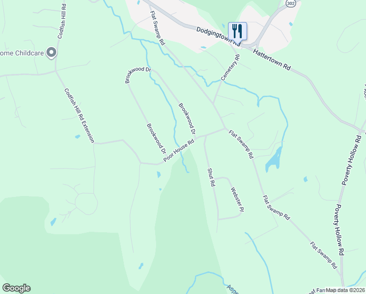 map of restaurants, bars, coffee shops, grocery stores, and more near Poor House Road in Newtown