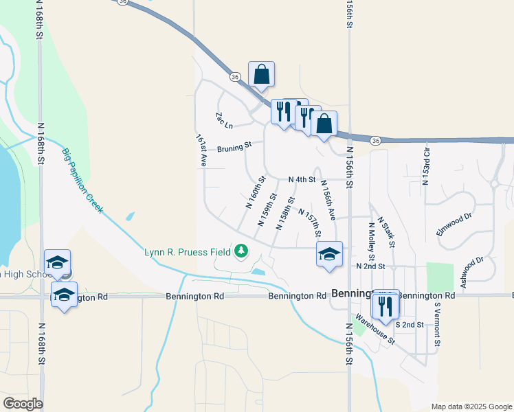 map of restaurants, bars, coffee shops, grocery stores, and more near 11921 North 159th Street in Bennington