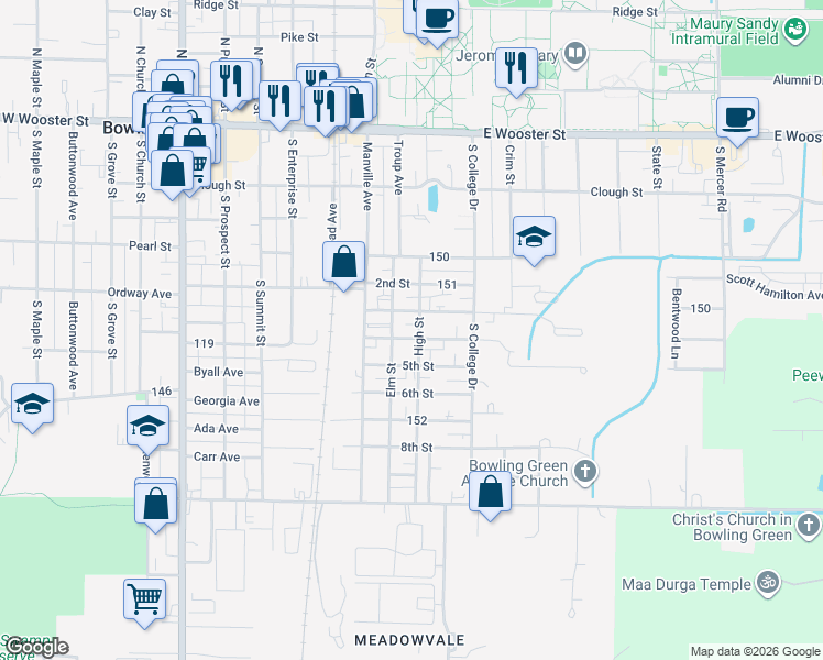 map of restaurants, bars, coffee shops, grocery stores, and more near 712d 4th Street in Bowling Green