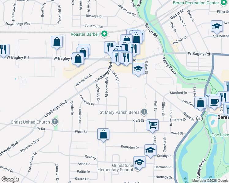 map of restaurants, bars, coffee shops, grocery stores, and more near 347 Pineview Circle in Berea