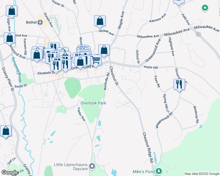 map of restaurants, bars, coffee shops, grocery stores, and more near 36 1/2 Nashville Road in Bethel