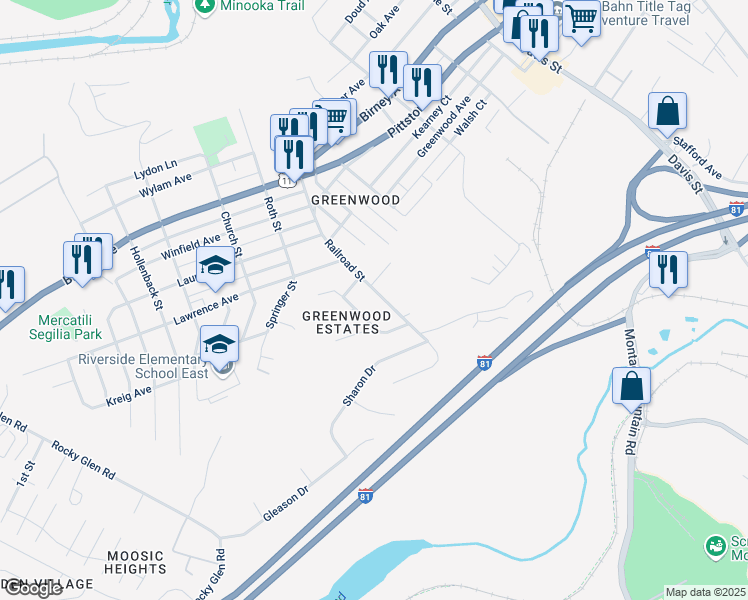 map of restaurants, bars, coffee shops, grocery stores, and more near 106 Railroad St in Moosic