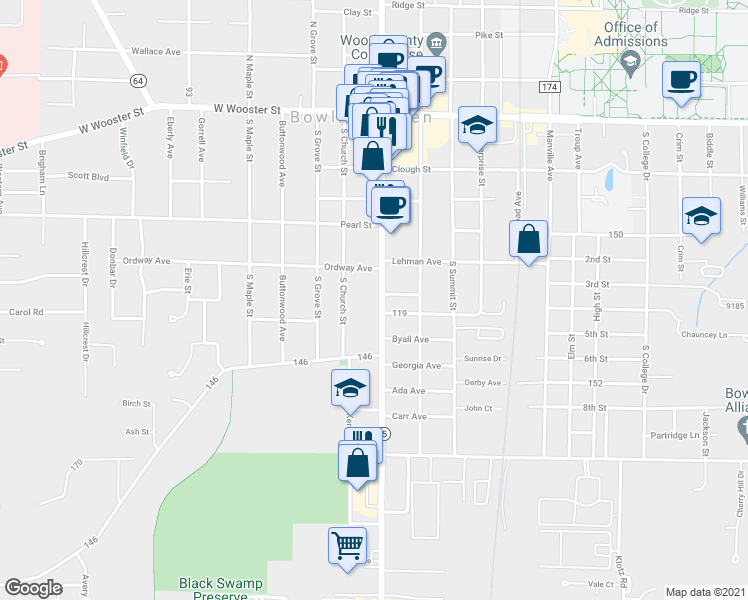 map of restaurants, bars, coffee shops, grocery stores, and more near 432 South Main Street in Bowling Green