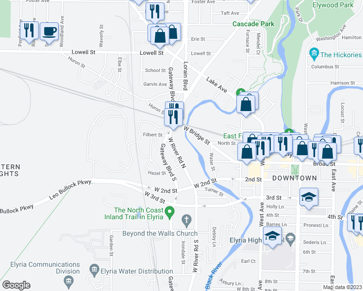 map of restaurants, bars, coffee shops, grocery stores, and more near 321 West River Road North in Elyria
