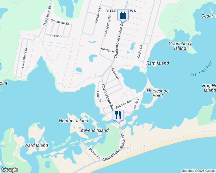 map of restaurants, bars, coffee shops, grocery stores, and more near 6 Allens Cove Road in Charlestown