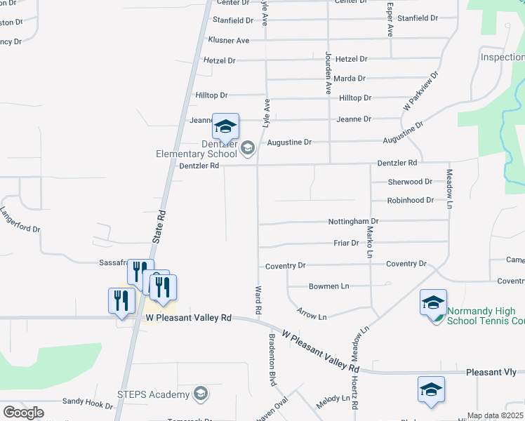 map of restaurants, bars, coffee shops, grocery stores, and more near 7253 Ward Road in Parma