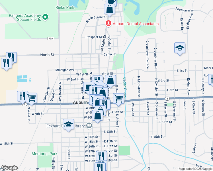 map of restaurants, bars, coffee shops, grocery stores, and more near 304 North Cedar Street in Auburn
