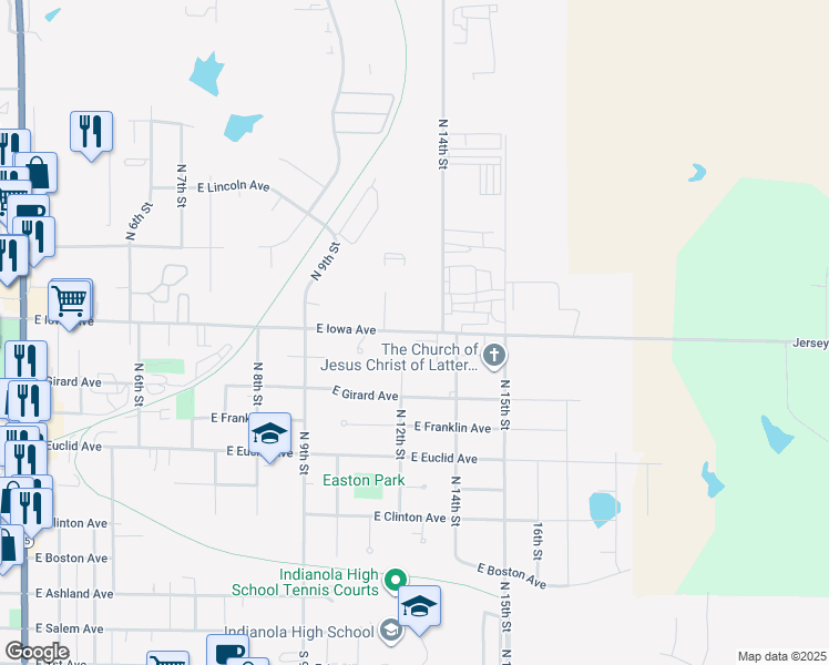 map of restaurants, bars, coffee shops, grocery stores, and more near 1303 East Iowa Avenue in Indianola