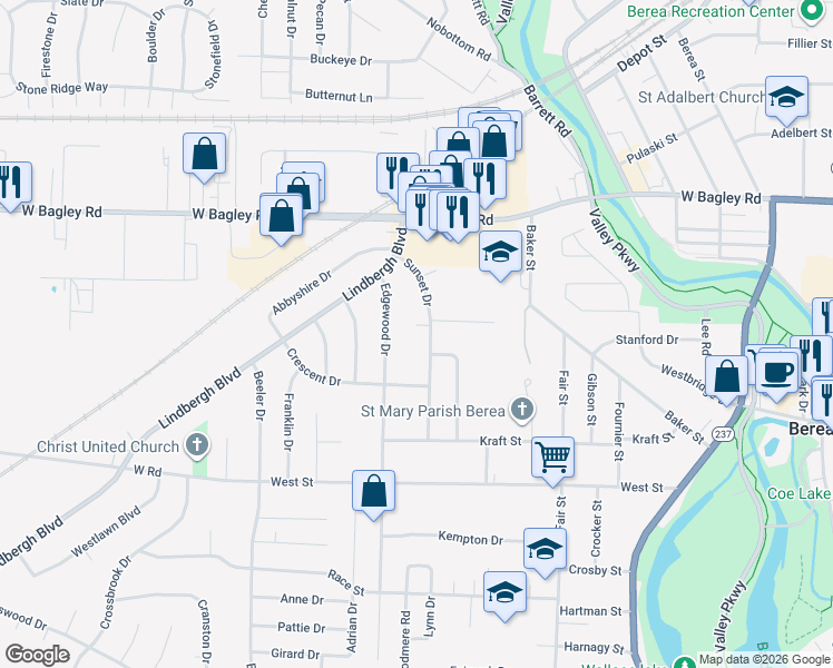map of restaurants, bars, coffee shops, grocery stores, and more near 347 Pineview Circle in Berea