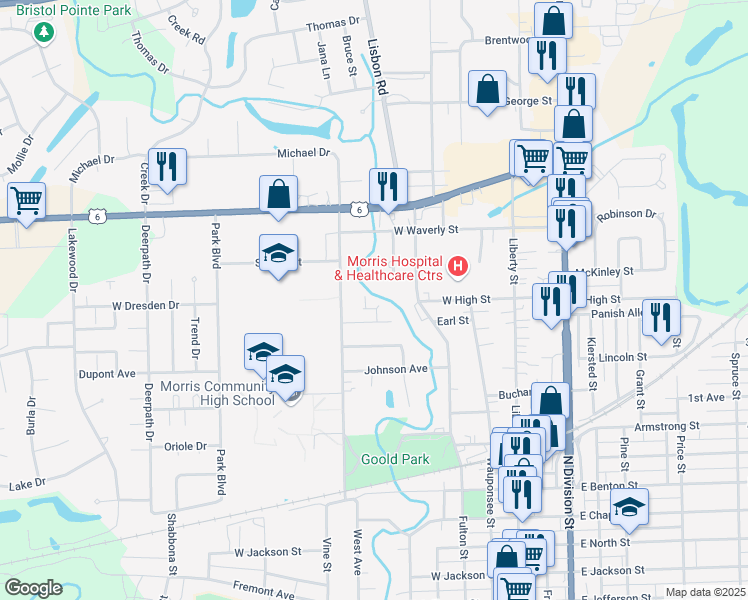 map of restaurants, bars, coffee shops, grocery stores, and more near 630 Caisley Court in Morris