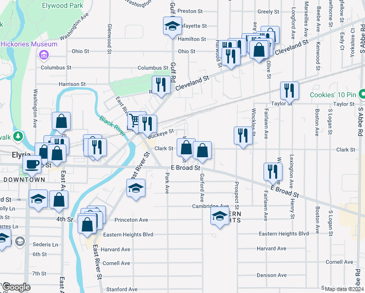 map of restaurants, bars, coffee shops, grocery stores, and more near 162 Clark Street in Elyria
