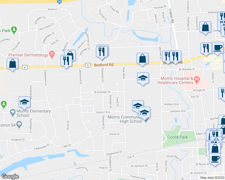 map of restaurants, bars, coffee shops, grocery stores, and more near 1301 Brendan Drive in Morris