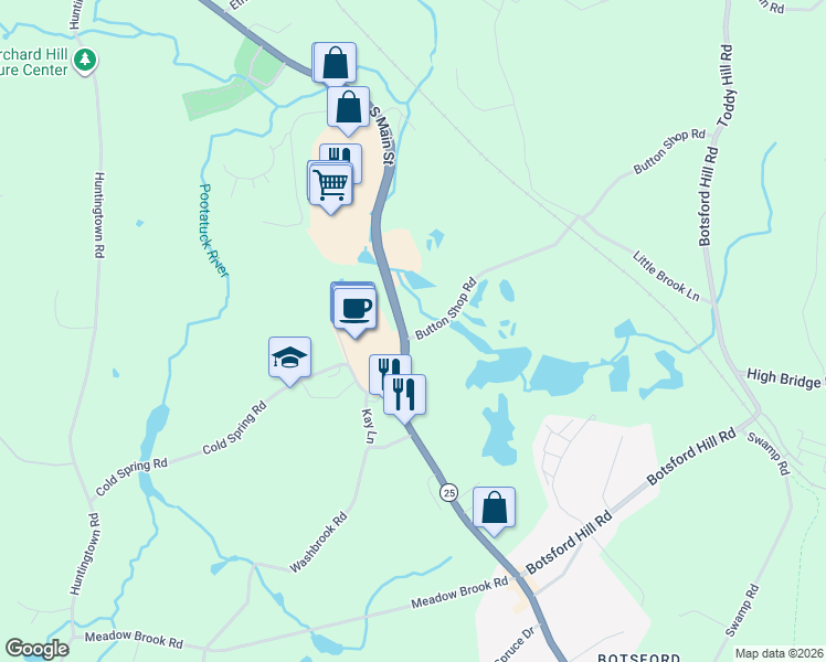 map of restaurants, bars, coffee shops, grocery stores, and more near 275 South Main Street in Newtown