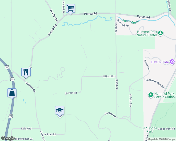 map of restaurants, bars, coffee shops, grocery stores, and more near 3910 North Post Road in Omaha