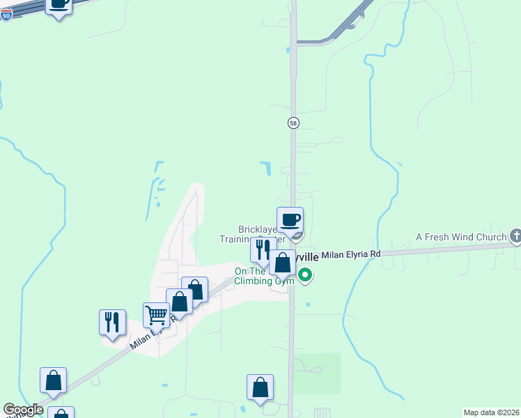 map of restaurants, bars, coffee shops, grocery stores, and more near 46100 Telegraph Road in Amherst