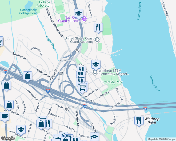 map of restaurants, bars, coffee shops, grocery stores, and more near 307 Crystal Avenue in New London
