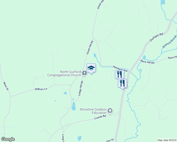 map of restaurants, bars, coffee shops, grocery stores, and more near 181 Ledge Hill Road in Guilford