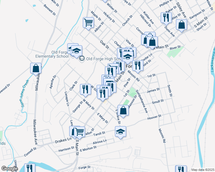 map of restaurants, bars, coffee shops, grocery stores, and more near in Old Forge