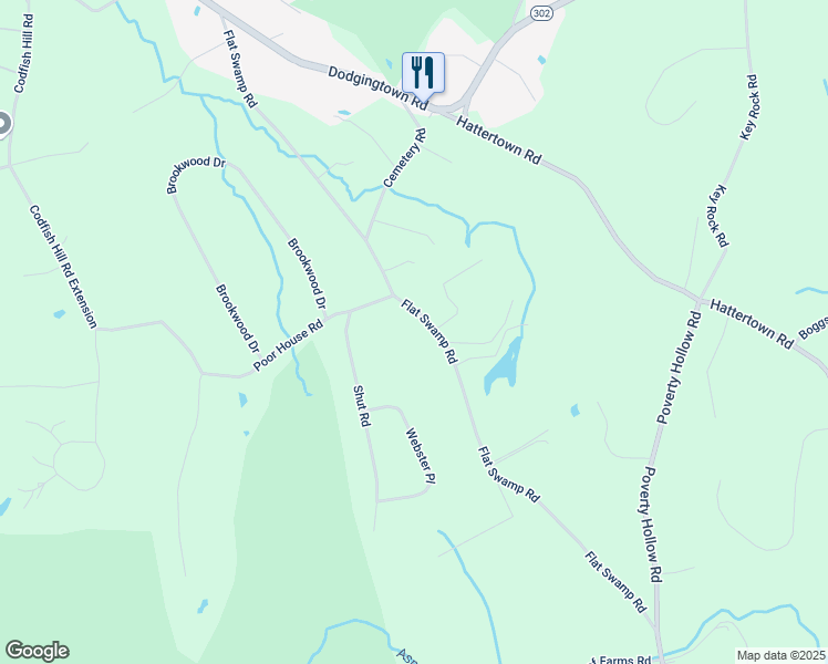 map of restaurants, bars, coffee shops, grocery stores, and more near 46 Flat Swamp Road in Newtown
