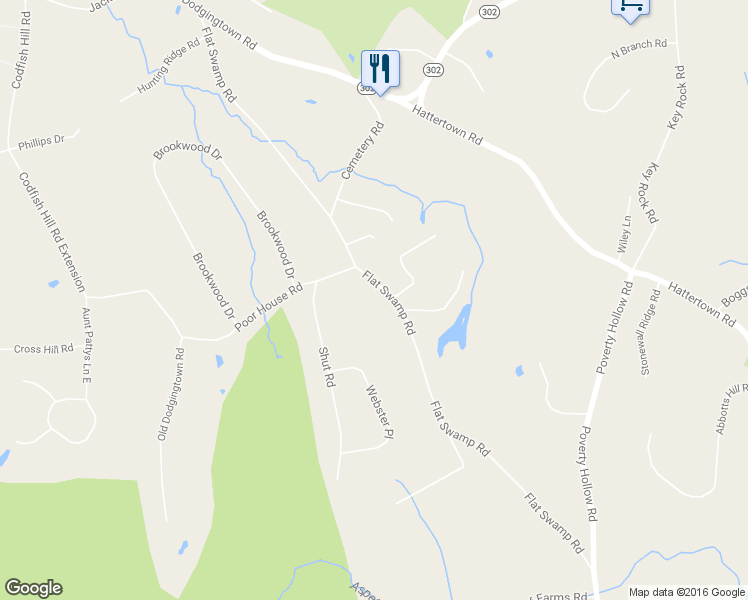 map of restaurants, bars, coffee shops, grocery stores, and more near 46 Flat Swamp Road in Newtown