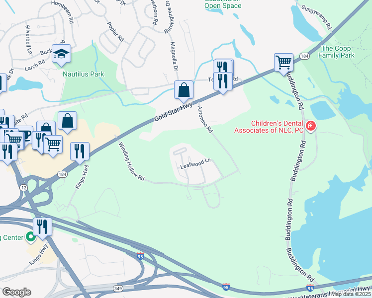map of restaurants, bars, coffee shops, grocery stores, and more near 75 Crown Knoll Court in Groton
