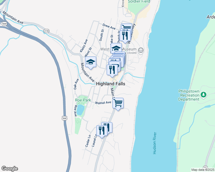 map of restaurants, bars, coffee shops, grocery stores, and more near 8 Cooks Lane in Highland Falls