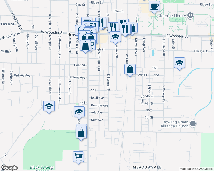 map of restaurants, bars, coffee shops, grocery stores, and more near 231 Palmer Avenue in Bowling Green