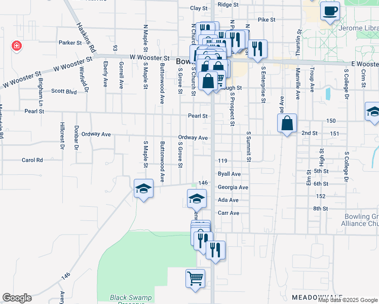map of restaurants, bars, coffee shops, grocery stores, and more near 449 S Church St in Bowling Green