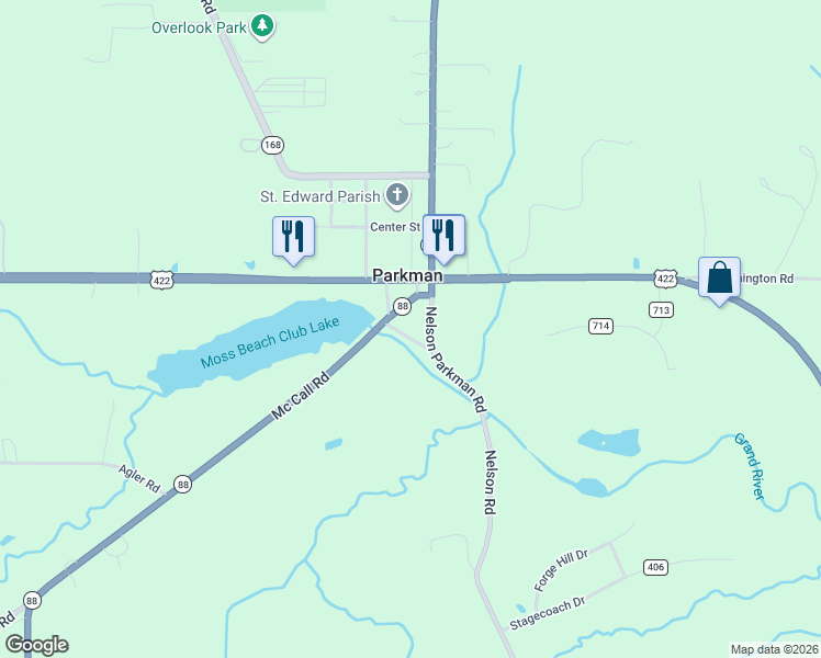 map of restaurants, bars, coffee shops, grocery stores, and more near 18390 Nelson Road in Parkman