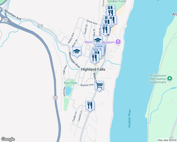 map of restaurants, bars, coffee shops, grocery stores, and more near 8 Cooks Lane in Highland Falls