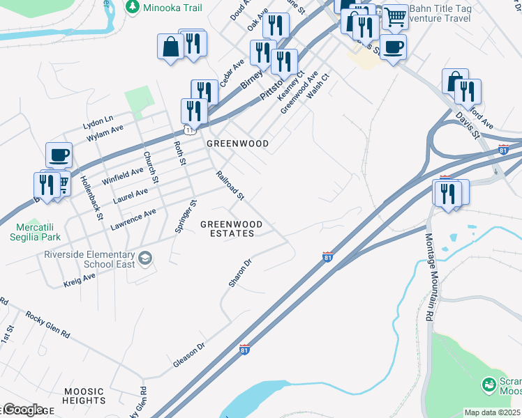 map of restaurants, bars, coffee shops, grocery stores, and more near 62-106 Railroad St in Moosic