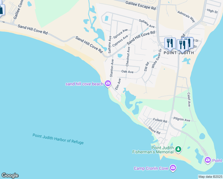 map of restaurants, bars, coffee shops, grocery stores, and more near 65 Stanton Avenue in Narragansett