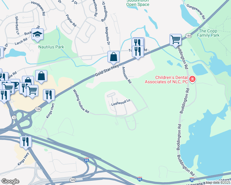map of restaurants, bars, coffee shops, grocery stores, and more near 75 Crown Knoll Court in Groton