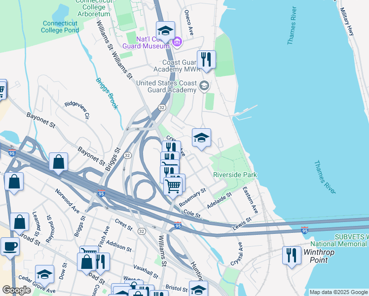 map of restaurants, bars, coffee shops, grocery stores, and more near 281 Crystal Avenue in New London
