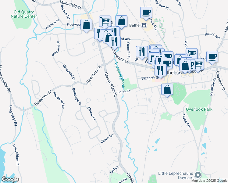 map of restaurants, bars, coffee shops, grocery stores, and more near 101 Grassy Plain Street in Bethel