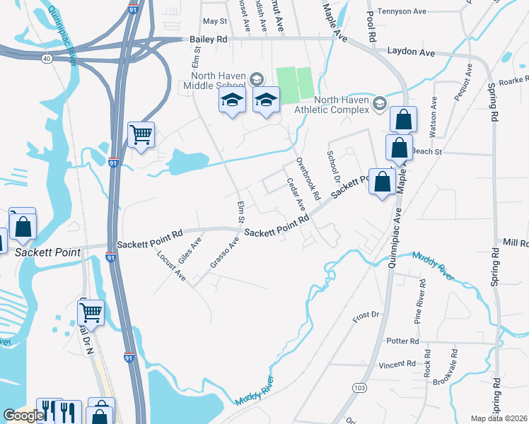 map of restaurants, bars, coffee shops, grocery stores, and more near 98 Sackett Point Road in North Haven
