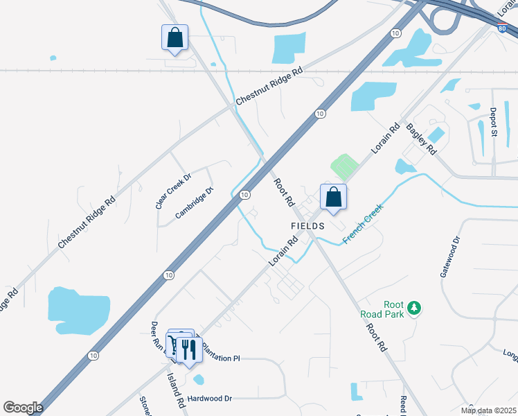 map of restaurants, bars, coffee shops, grocery stores, and more near 8465 Antlers Trail in North Ridgeville