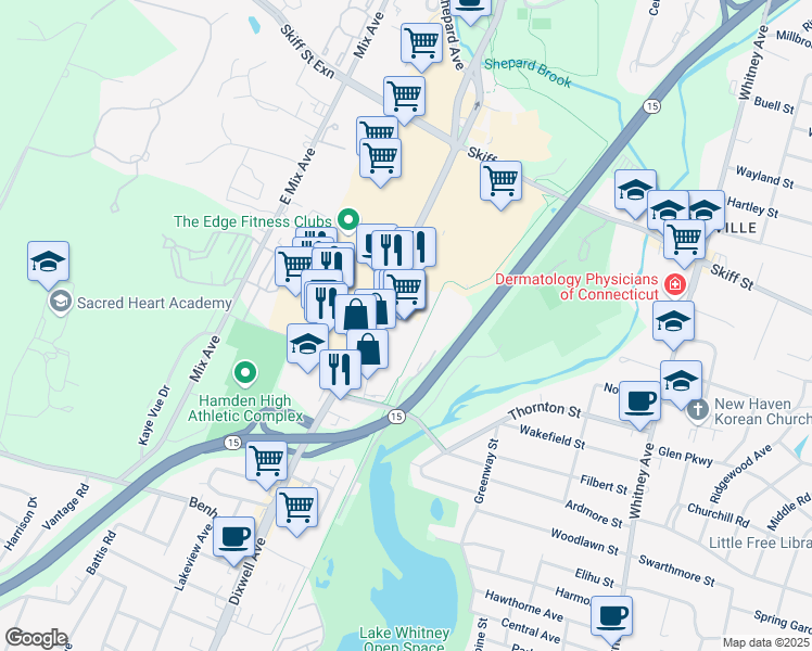 map of restaurants, bars, coffee shops, grocery stores, and more near 2165 Dixwell Avenue in Hamden