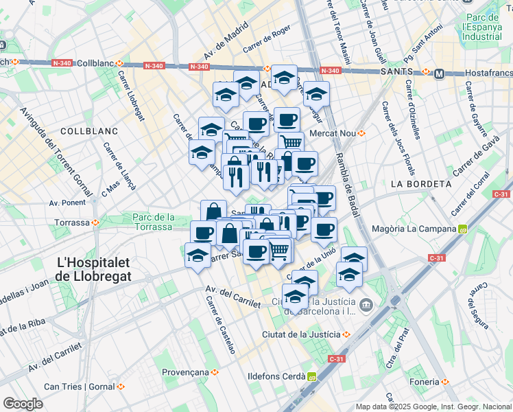 map of restaurants, bars, coffee shops, grocery stores, and more near 53 Carrer Igualtat in L'Hospitalet de Llobregat