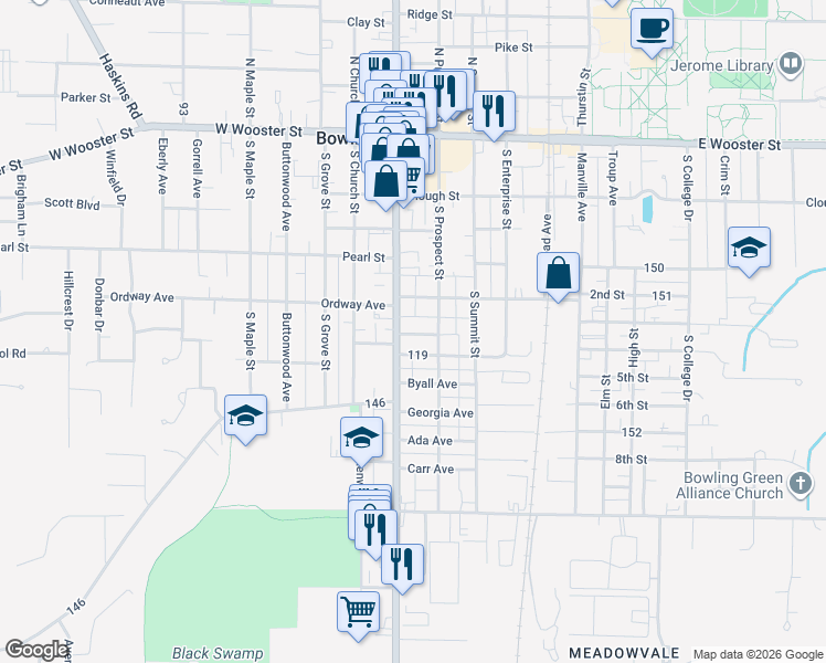 map of restaurants, bars, coffee shops, grocery stores, and more near 450 South Main Street in Bowling Green