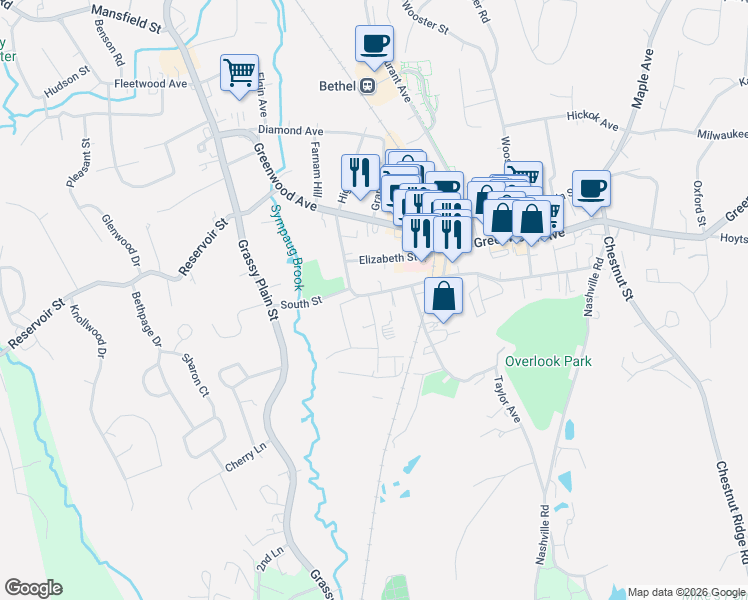map of restaurants, bars, coffee shops, grocery stores, and more near 11 Henry Street in Bethel