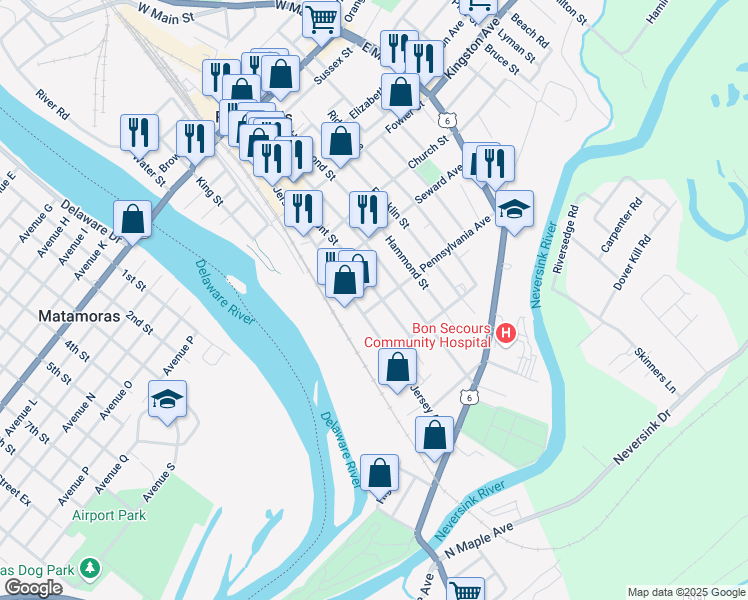 map of restaurants, bars, coffee shops, grocery stores, and more near 131 Jersey Avenue in Port Jervis