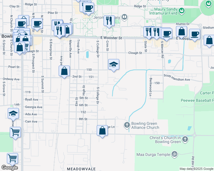 map of restaurants, bars, coffee shops, grocery stores, and more near 1005 Chauncey Lane in Bowling Green