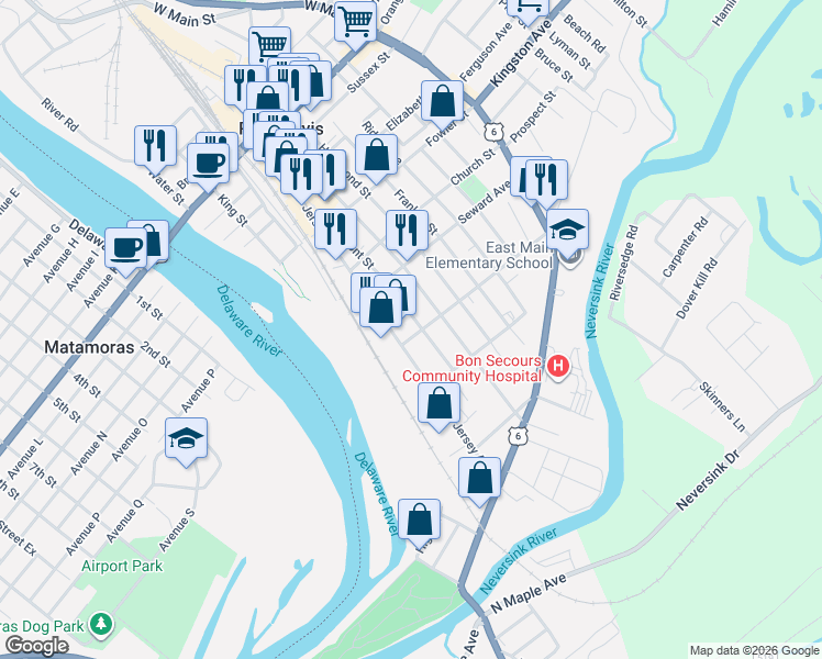 map of restaurants, bars, coffee shops, grocery stores, and more near 131 Jersey Avenue in Port Jervis