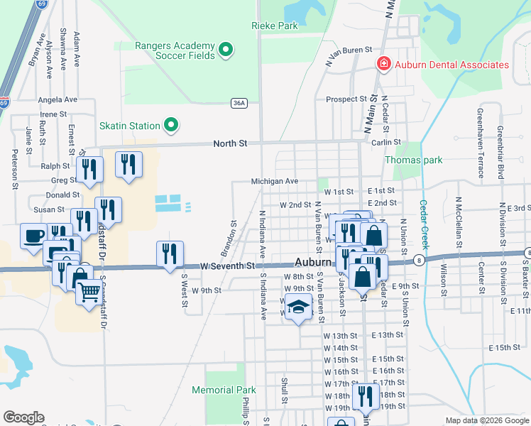 map of restaurants, bars, coffee shops, grocery stores, and more near 201-299 Depot Street in Auburn