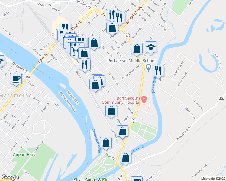 map of restaurants, bars, coffee shops, grocery stores, and more near 139 Ball Street in Port Jervis