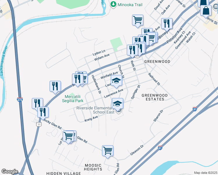 map of restaurants, bars, coffee shops, grocery stores, and more near 705 School Street in Moosic